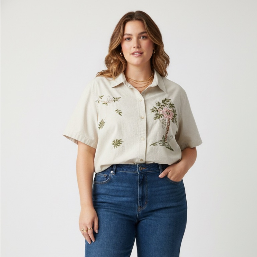 Cream Embroidered Short Sleeve Blouse- plus size